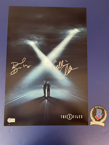 Gillian Anderson David Duchovny signed 12"x18" X Files Scully Mulder poster - Beckett COA